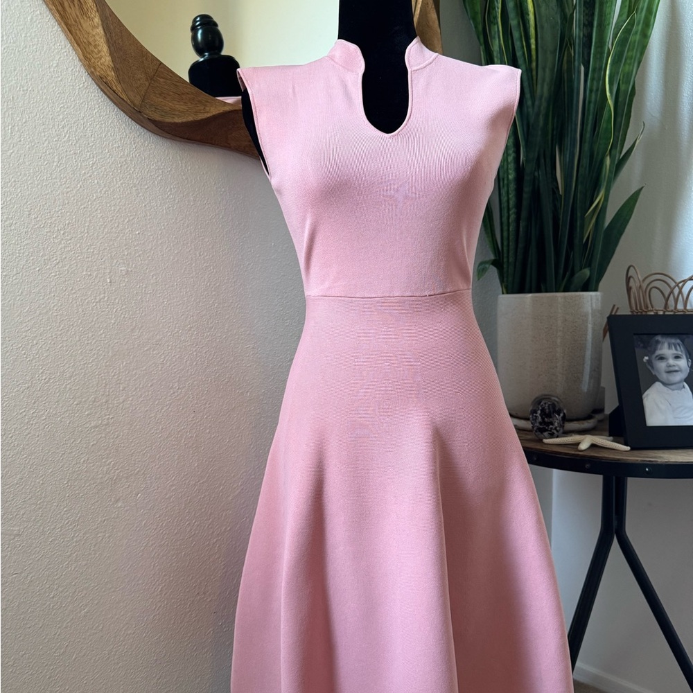 Ted Baker Blush Pink Midi Fit-and-Flare Dress with Notch Neck